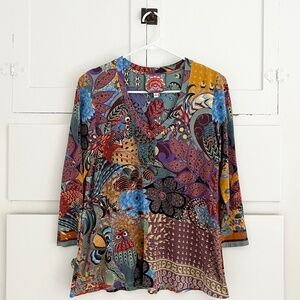 Johnny Was Madison Favorite Owl Floral Bamboo Knit Top XS